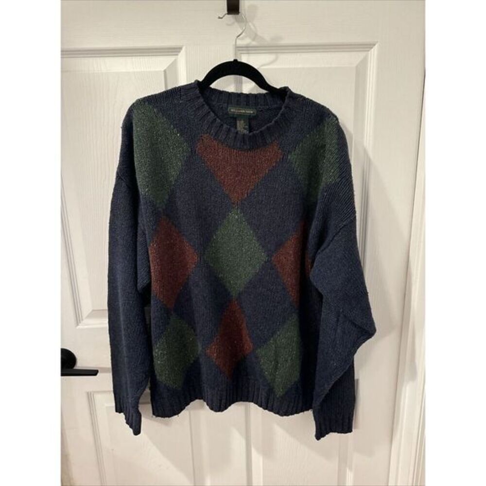 VTG 80s‎ Hill Archer Knitwear Wool Blend Blue Argyle Sweater Sz L
